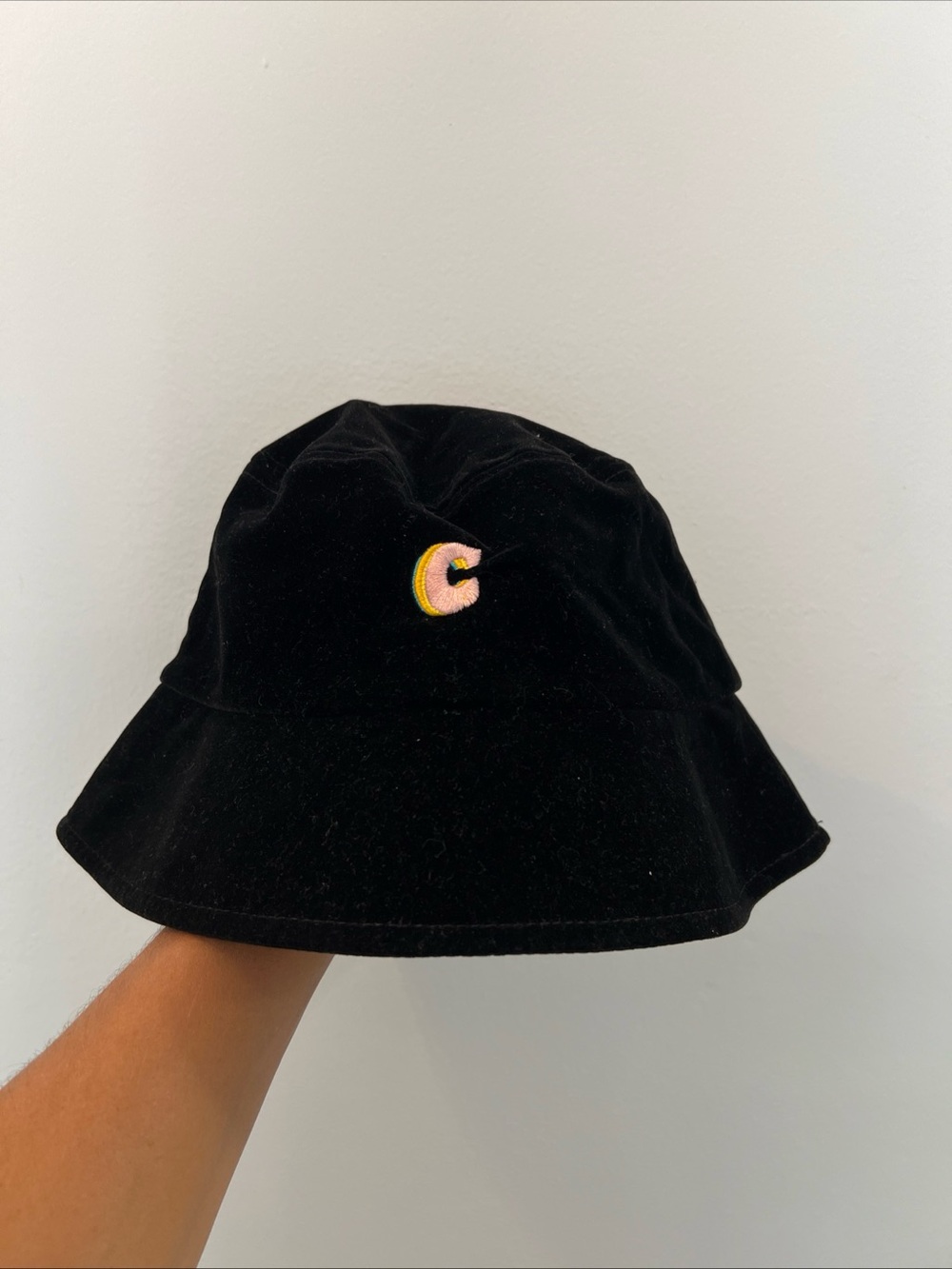 Velvet Black Bucket Hat with Pink & Yellow 'C' Patch